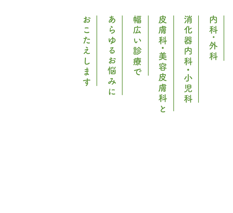 内科・外科 消化器内科・小児科 皮膚科・美容皮膚科と幅広い診療であらゆるお悩みにおこたえします